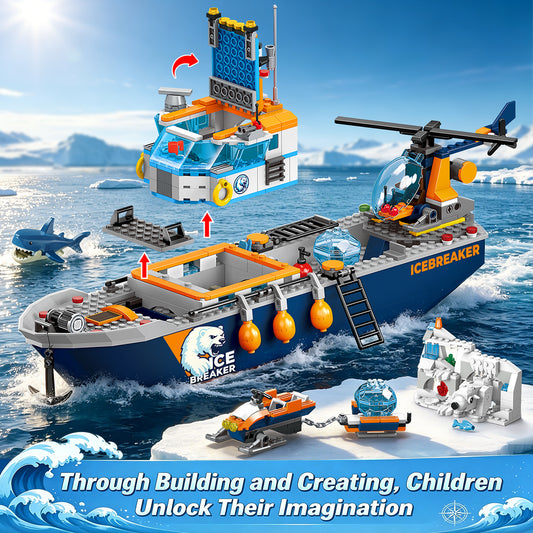 Arctic Icebreaker Ship Building Blocks Set with Helicopter