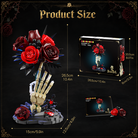 HOGOKIDS Gothic Rose and Skeleton Hand Building Set with Blue LED Light – 774-Piece Display Model for Adults
