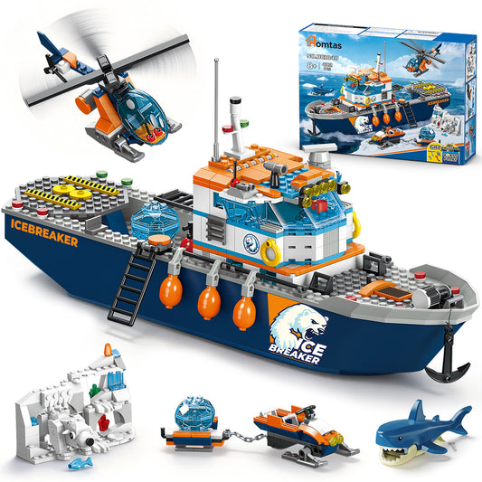 Arctic Icebreaker Ship Building Blocks Set with Helicopter