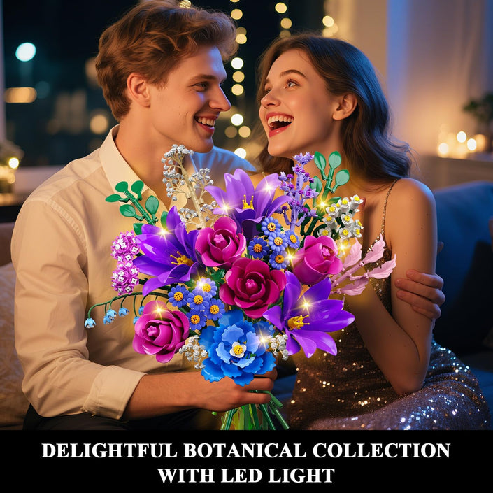CUBIMANA Purple Flower Bouquet Building Set with LED | Valentine Gift