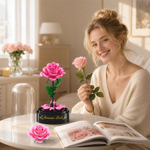 Rose Flower Building Set with Music Box and Display Dome