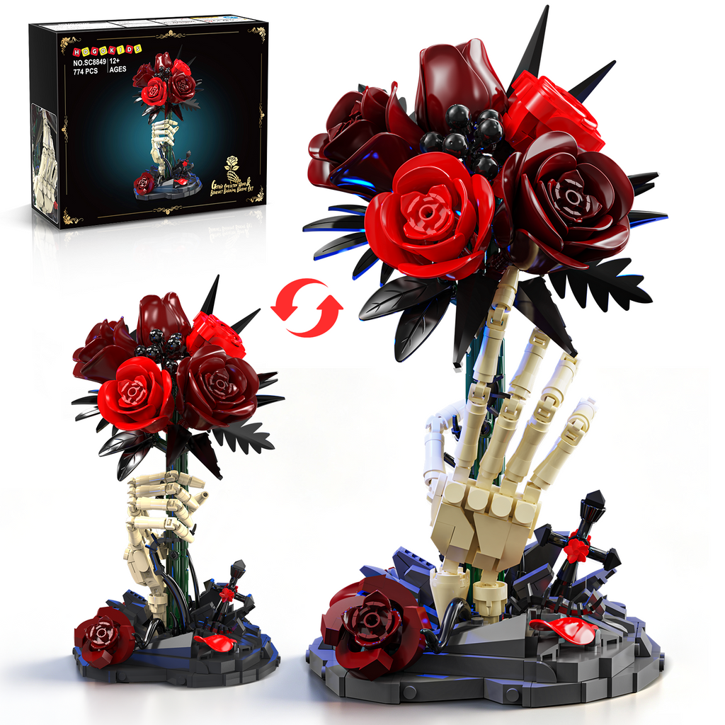 HOGOKIDS Gothic Rose and Skeleton Hand Building Set with Blue LED Light – 774-Piece Display Model for Adults