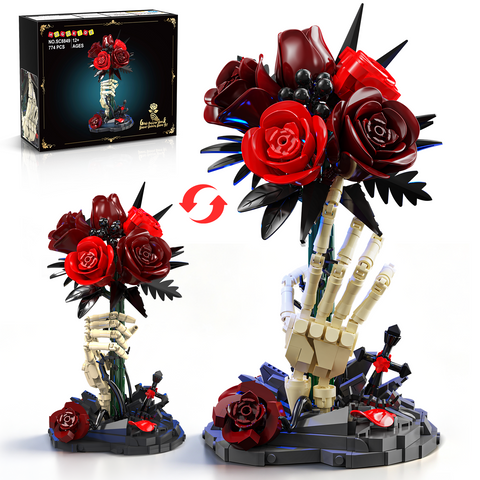 HOGOKIDS Gothic Rose and Skeleton Hand Building Set with Blue LED Light – 774-Piece Display Model for Adults