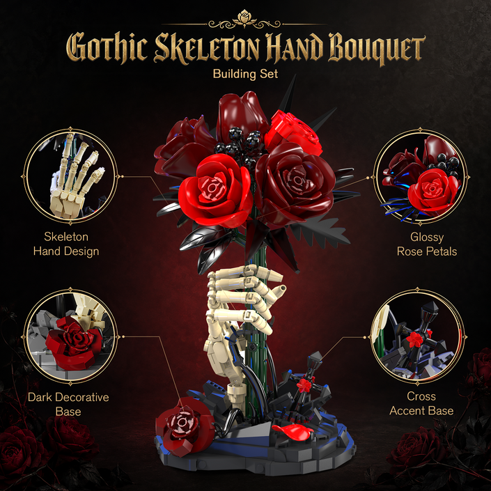 HOGOKIDS Gothic Rose and Skeleton Hand Building Set with Blue LED Light – 774-Piece Display Model for Adults