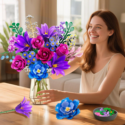 CUBIMANA Purple Flower Bouquet Building Set with LED | Valentine Gift