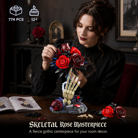 HOGOKIDS Gothic Rose and Skeleton Hand Building Set with Blue LED Light – 774-Piece Display Model for Adults