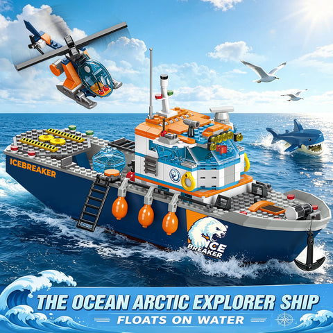 Arctic Icebreaker Ship Building Blocks Set with Helicopter