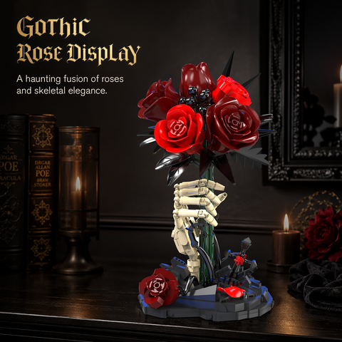 HOGOKIDS Gothic Rose and Skeleton Hand Building Set with Blue LED Light – 774-Piece Display Model for Adults