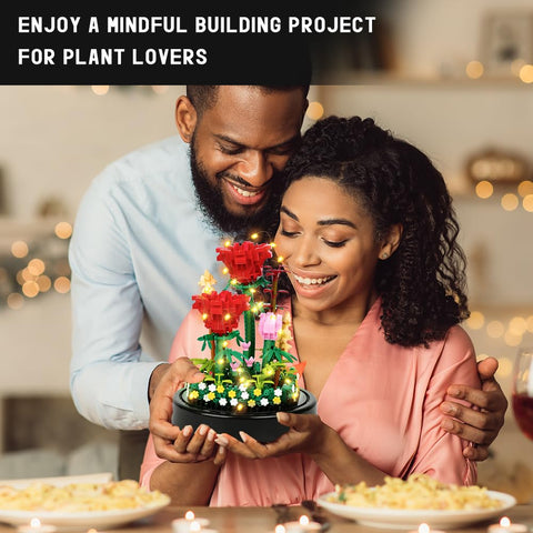 Red Rose Bouquet Building Set with LED Light & Dust Cover