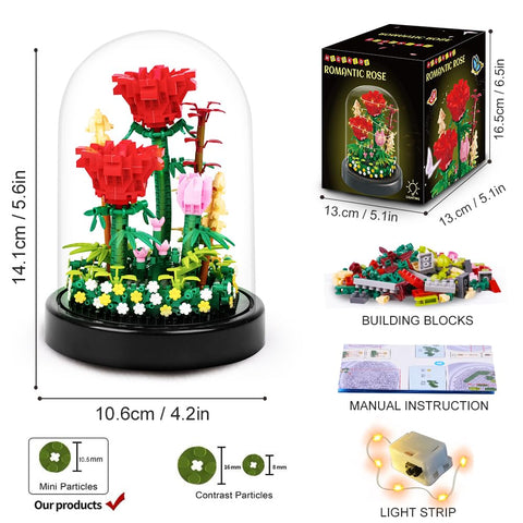 Red Rose Bouquet Building Set with LED Light & Dust Cover