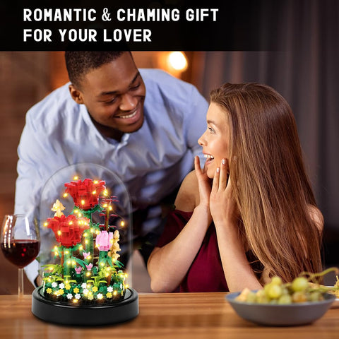 Red Rose Bouquet Building Set with LED Light & Dust Cover