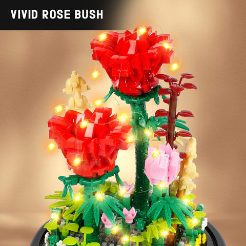 Red Rose Bouquet Building Set with LED Light & Dust Cover