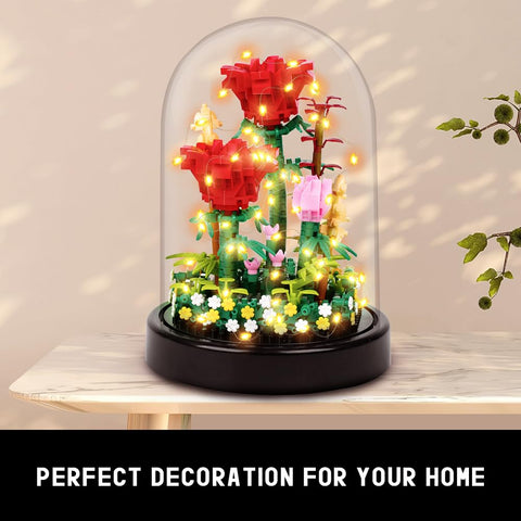 Red Rose Bouquet Building Set with LED Light & Dust Cover