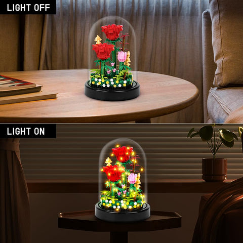 Red Rose Bouquet Building Set with LED Light & Dust Cover