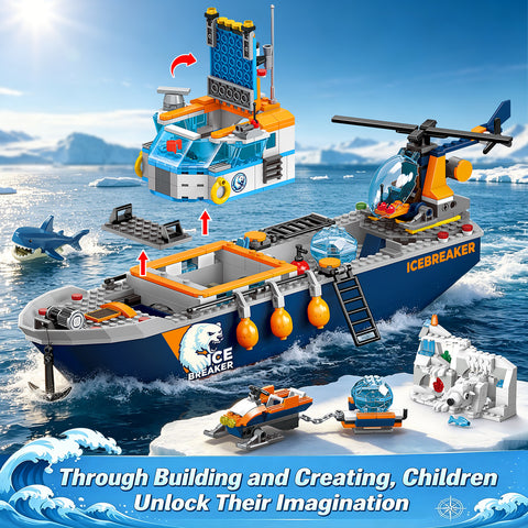 Arctic Icebreaker Ship Building Blocks Set with Helicopter