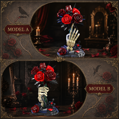 HOGOKIDS Gothic Rose and Skeleton Hand Building Set with Blue LED Light – 774-Piece Display Model for Adults