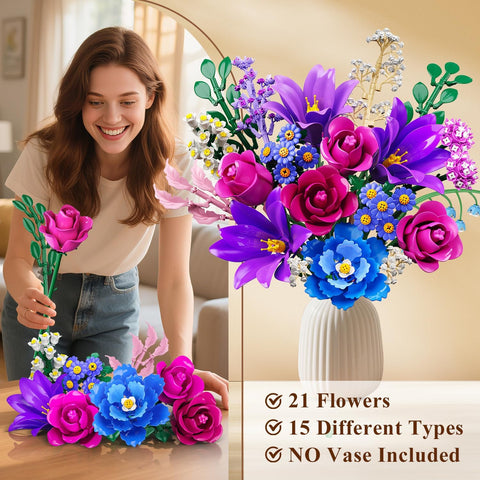 CUBIMANA Purple Flower Bouquet Building Set with LED | Valentine Gift