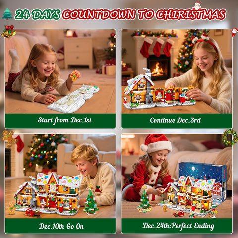 HOGOKIDS 2026 Gingerbread House Advent Calendar Building Set with Lights – 24-Day 3-in-1 Christmas Village, 1,452 Mini Bricks