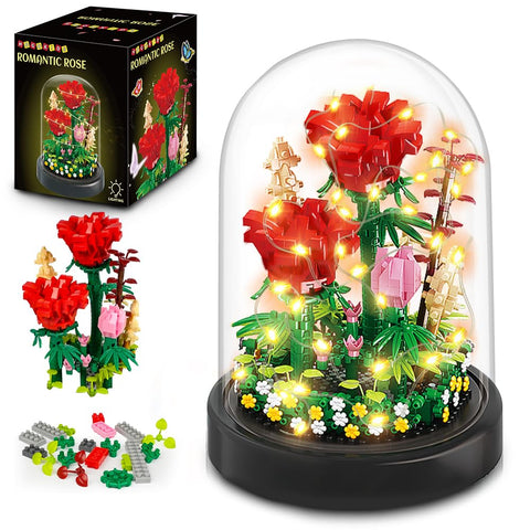 Red Rose Bouquet Building Set with LED Light & Dust Cover