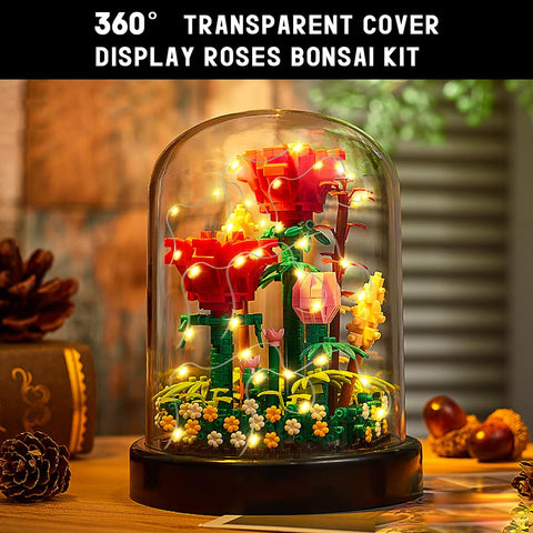 Red Rose Bouquet Building Set with LED Light & Dust Cover