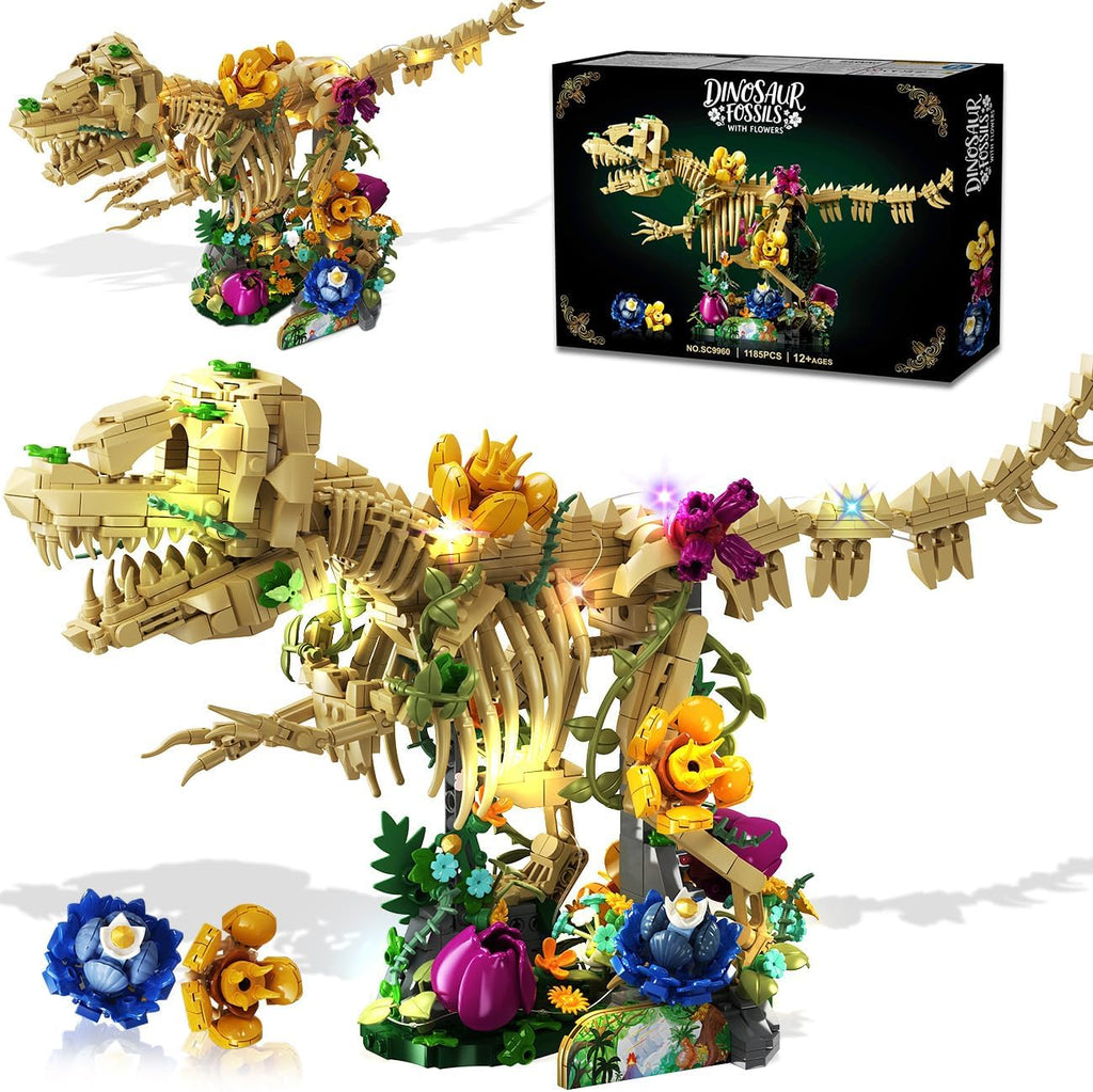 Dinosaur Fossil with Flowers Building Set & LED Light, 1185PCS