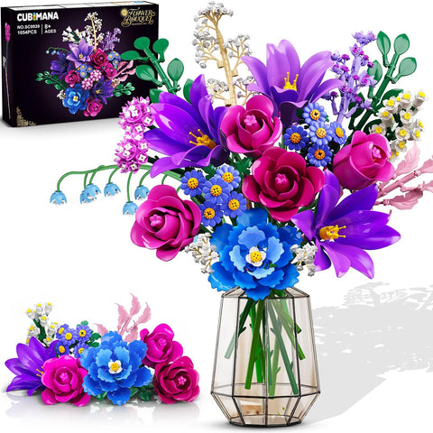 CUBIMANA Purple Flower Bouquet Building Set with LED | Valentine Gift