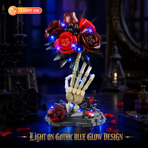 HOGOKIDS Gothic Rose and Skeleton Hand Building Set with Blue LED Light – 774-Piece Display Model for Adults