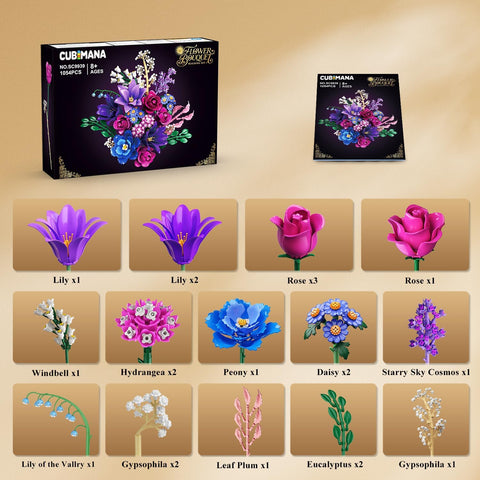 CUBIMANA Purple Flower Bouquet Building Set with LED | Valentine Gift