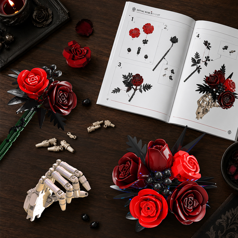 HOGOKIDS Gothic Rose and Skeleton Hand Building Set with Blue LED Light – 774-Piece Display Model for Adults