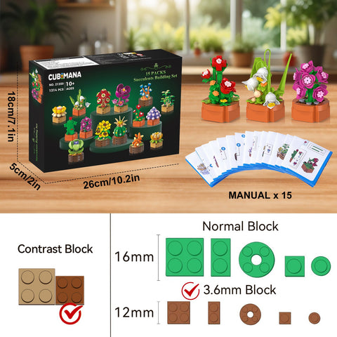 CUBIMANA 15 Pack Mini Succulents Building Set | Home Decor Gift