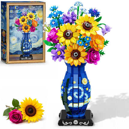 Flower Bouquet Building Set with Starry Night Vase & LED Light