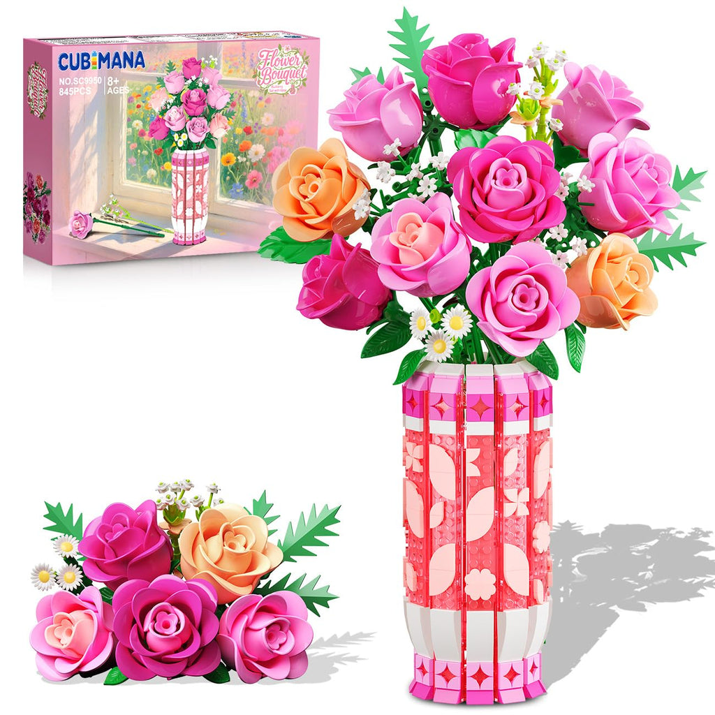 CUBIMANA Pink Rose Bouquet Building Set with Vase