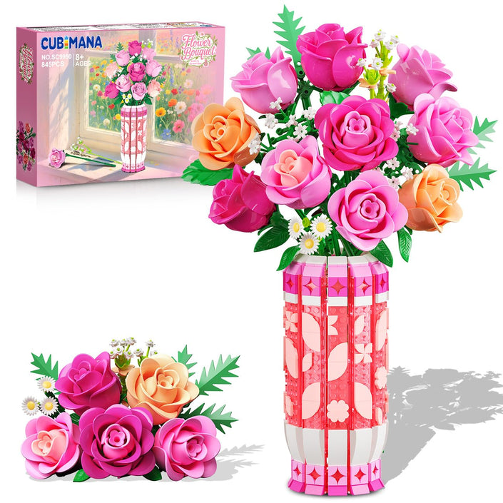 CUBIMANA Pink Rose Bouquet Building Set with Vase
