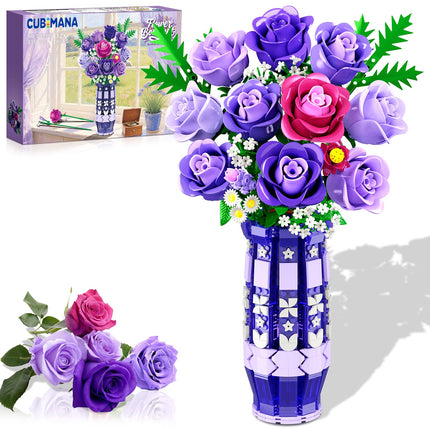CUBIMANA Purple Roses Building Set with LED | Gift for Home Decor