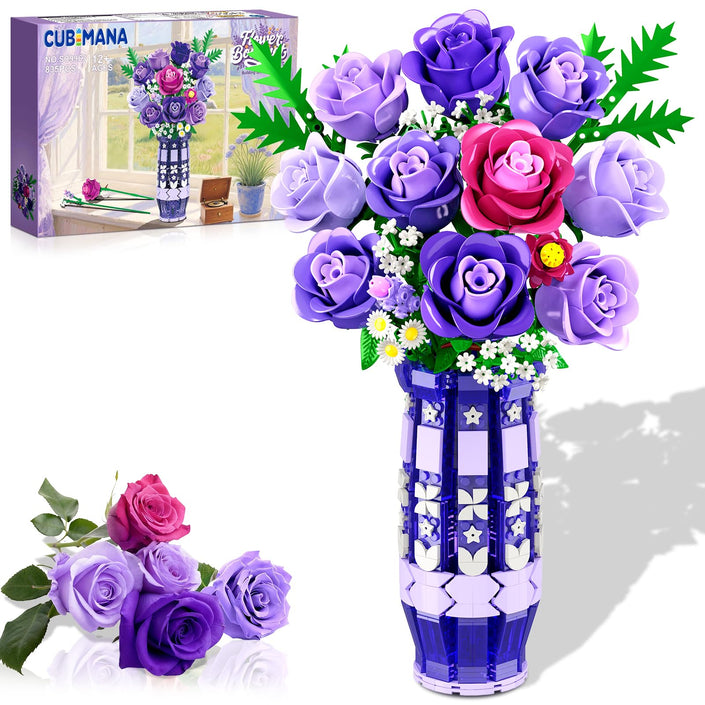 CUBIMANA Purple Roses Building Set with LED | Gift for Home Decor