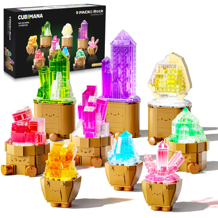 CUBIMANA 9 Pack Mineral Collection 3.6MM Mini Building Set for Adults with LED Light, 1170PCS Crystals Flower Botanical Bonsai Block Toy for Home Office Decor, Valentines Day Gifts for Teens Women