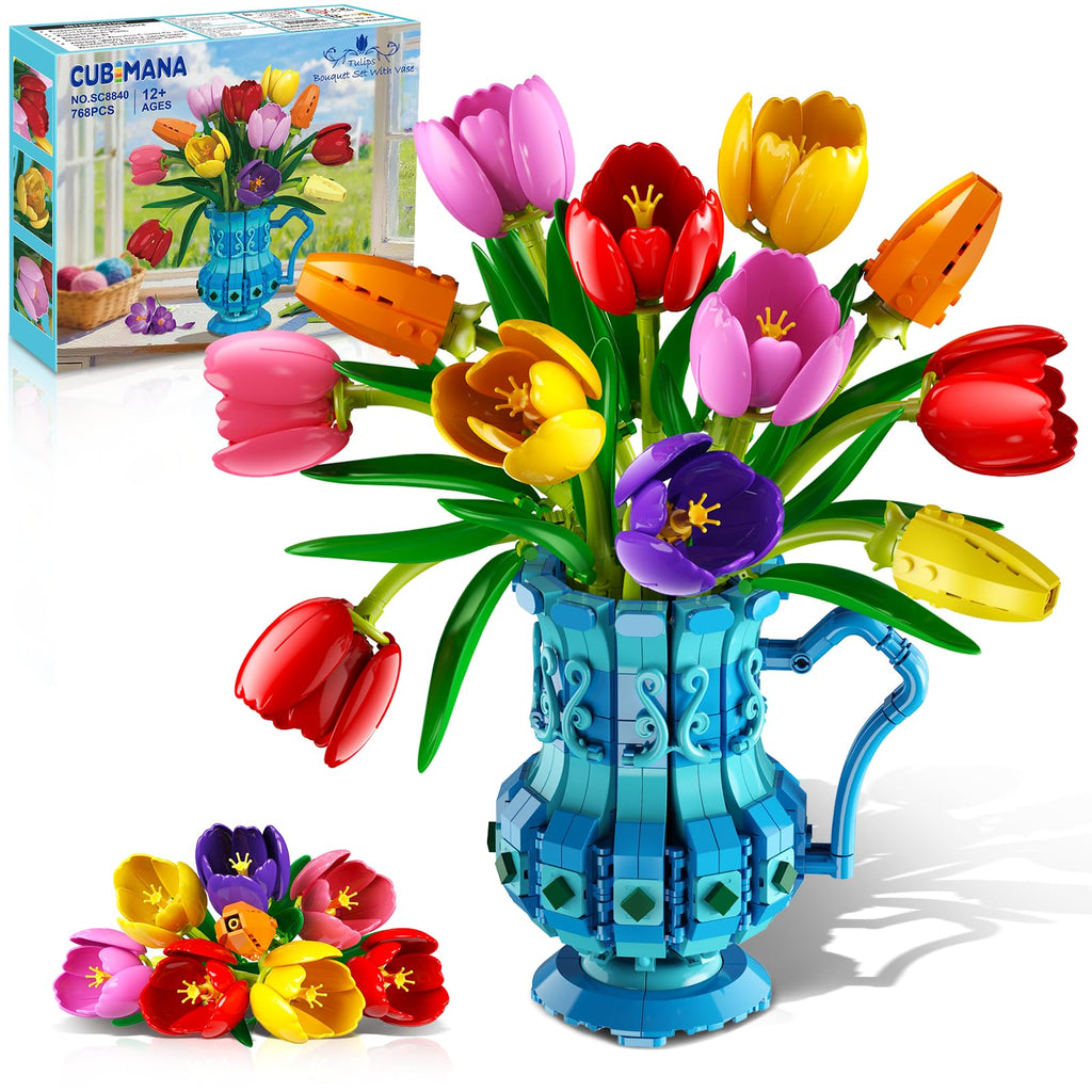 CUBIMANA Tulips Bouquet Building Set | Easter Gift for Her & Home Decor
