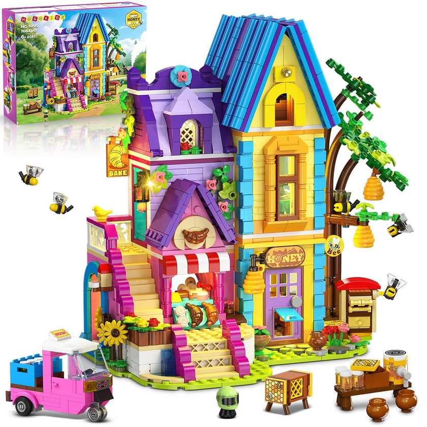 HOGOKIDS Beekeeping & Bakery House Building Toy with LED Light - 1084PCS，Ages 8-12+ Years