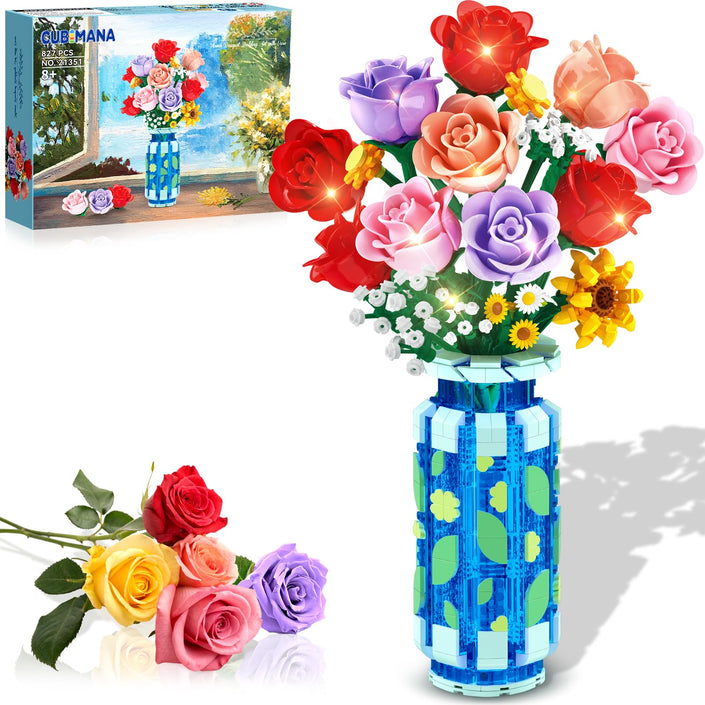 CUBIMANA Roses Bouquet Building Set with LED | Easter Gift for Her