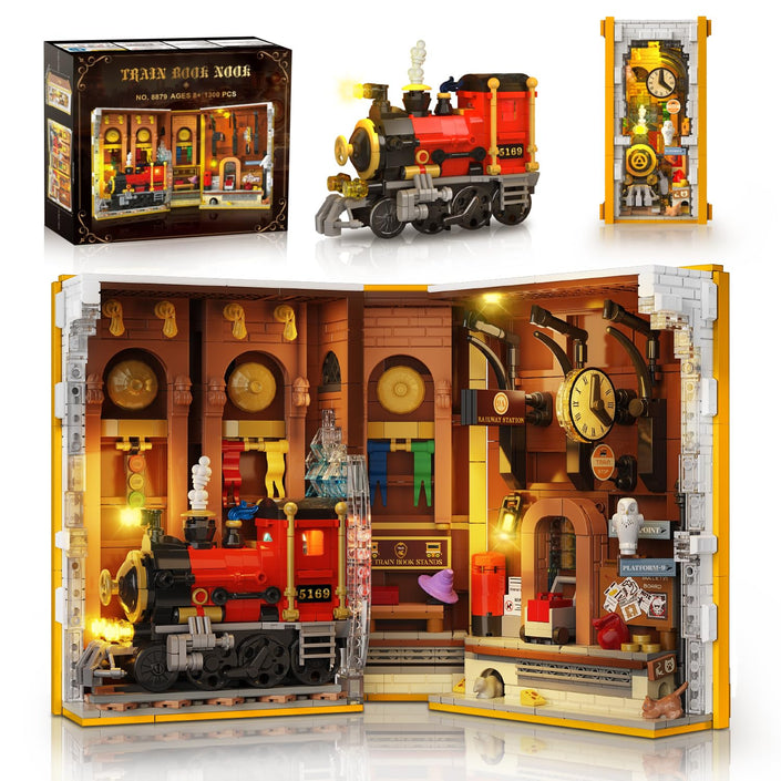 Magic Train Station Book Nook Building Set with Light, Gifts for Kids & Adults
