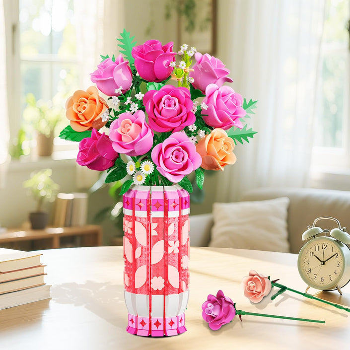 CUBIMANA Pink Rose Bouquet Building Set with Vase