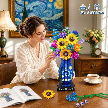 Flower Bouquet Building Set with Starry Night Vase & LED Light