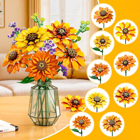 CUBIMANA Sunflower Bouquet Building Set with Lights | Gift for Home Decor