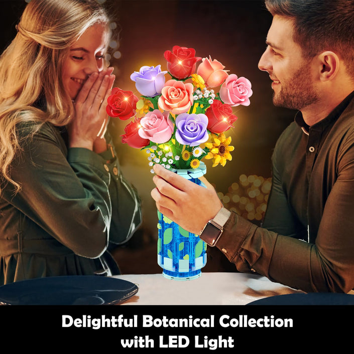 CUBIMANA Roses Bouquet Building Set with LED | Easter Gift for Her