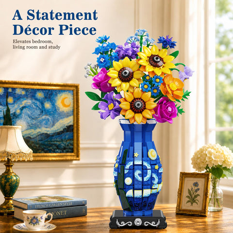 Flower Bouquet Building Set with Starry Night Vase & LED Light
