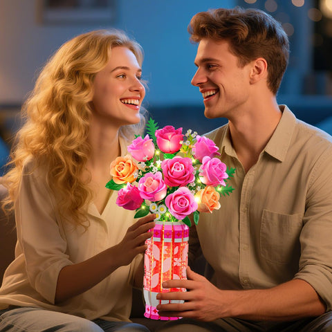 CUBIMANA Pink Rose Bouquet Building Set with Vase