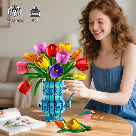 CUBIMANA Tulips Bouquet Building Set | Easter Gift for Her & Home Decor