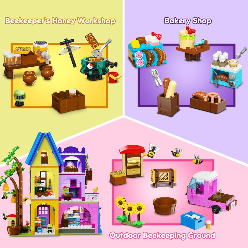 HOGOKIDS Beekeeping & Bakery House Building Toy with LED Light - 1084PCS，Ages 8-12+ Years