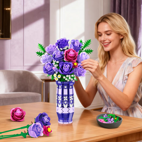 CUBIMANA Purple Roses Building Set with LED | Gift for Home Decor