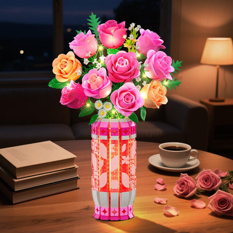 CUBIMANA Pink Rose Bouquet Building Set with Vase